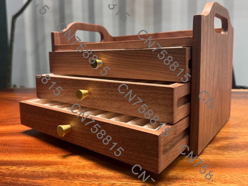 Multi-layer drawer display box, bronze handle, desktop organizer, large-capacity drawer storage box, black walnut pencil case.