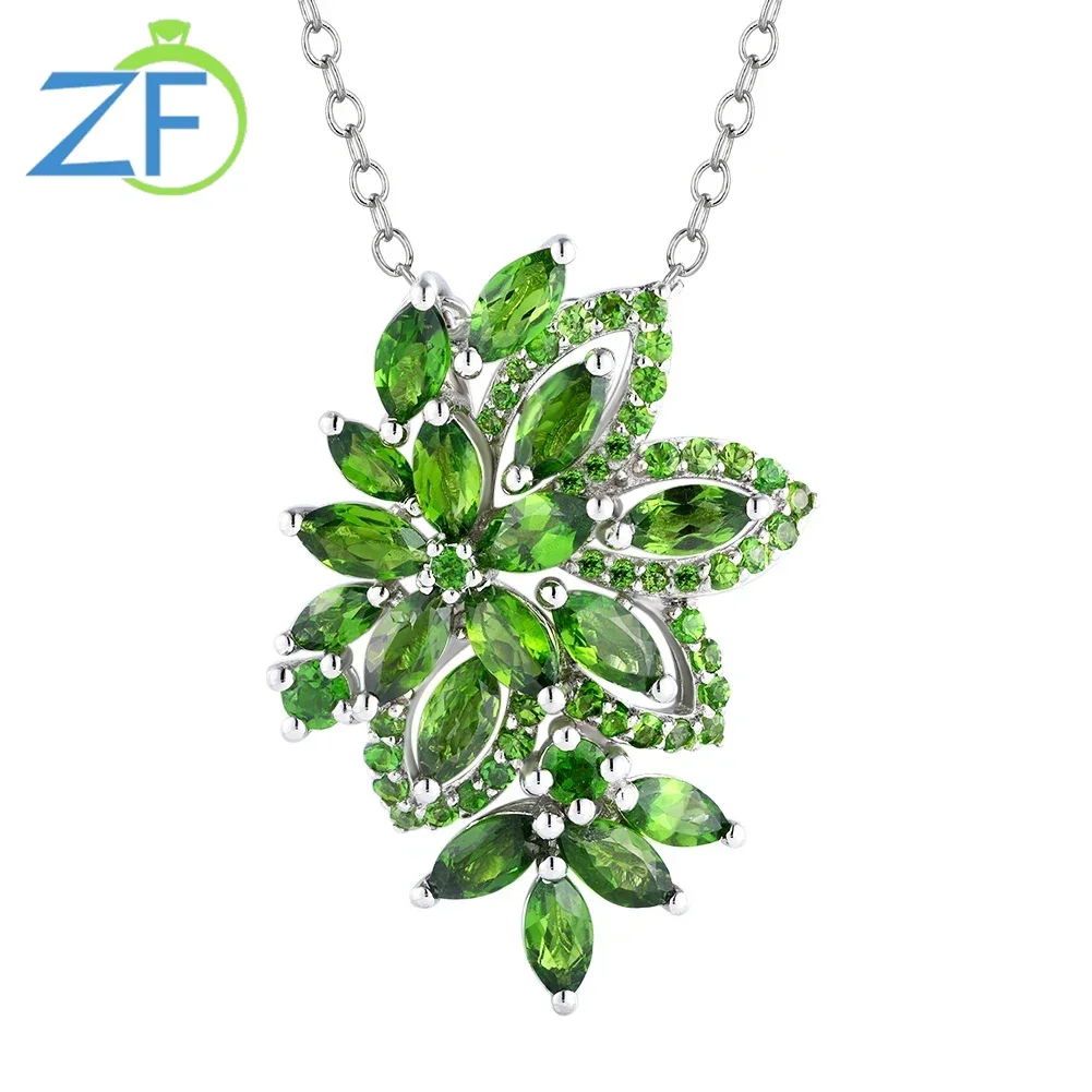 GZ ZONGFA Natural Chrome Diopside Plant Leaf Flower Pendant Necklace for Women 925 Sterling Silver Gemstone Choker Jewelry