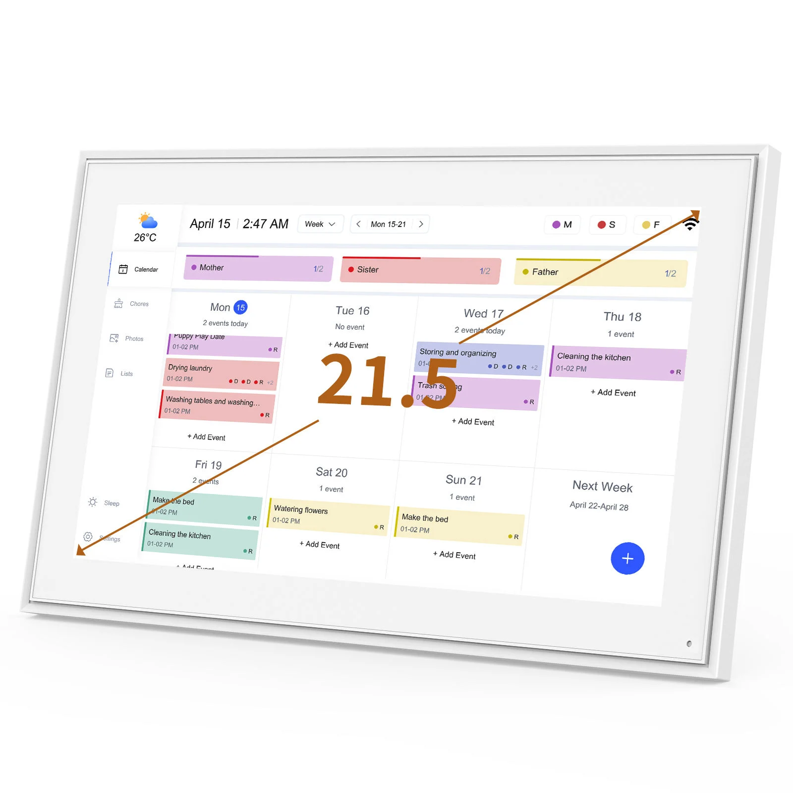 

21.5 Inch Digital Family Calendar FHD 1280x800 Touch Screen Display Clock Function Plays MP4 AVI Videos MP3 Audio ABS Frame