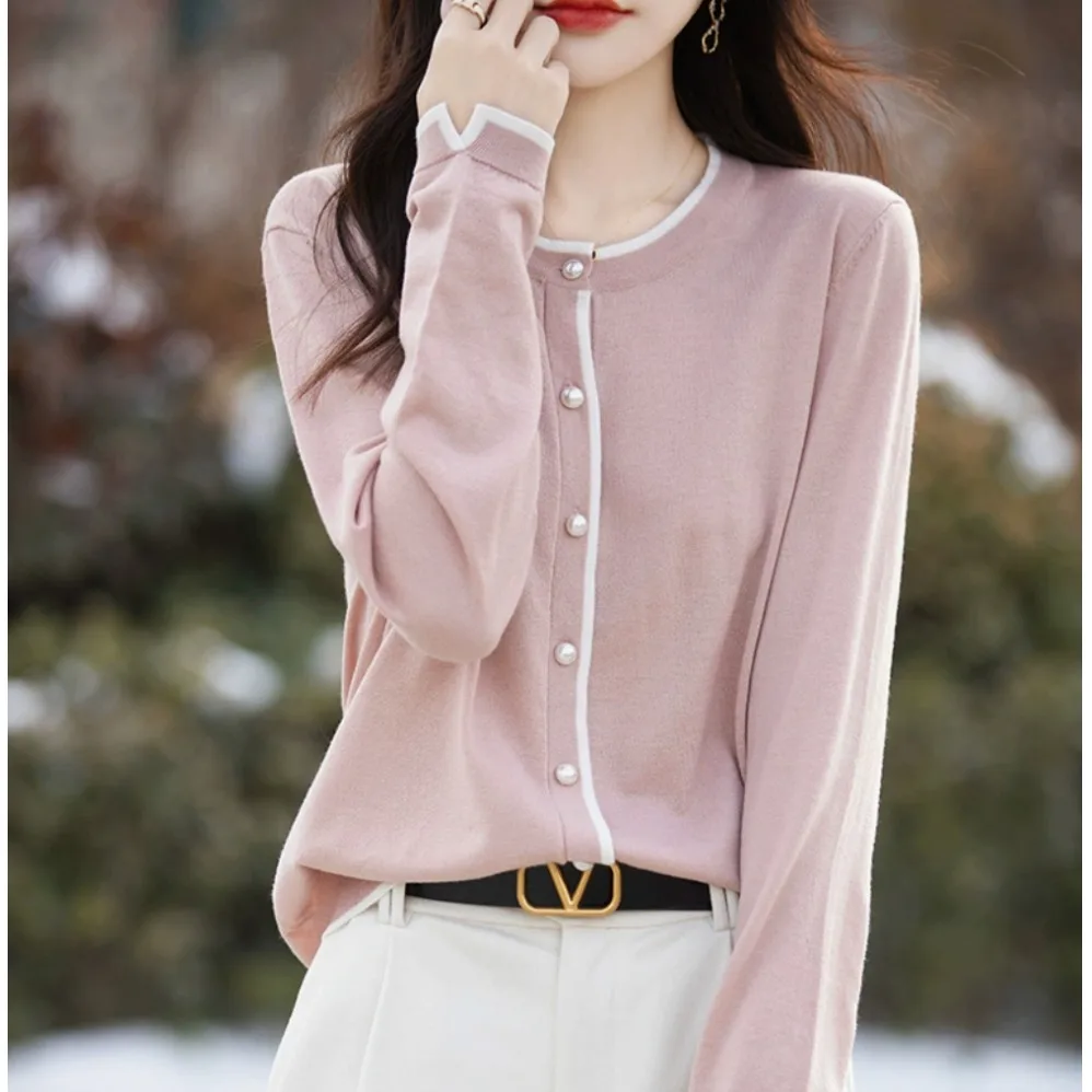 

Nu Big Brand High Quali Knitted round Ne Open Cardigan Women's Outerwear Color Blo Anti-Aging Spring Autumn