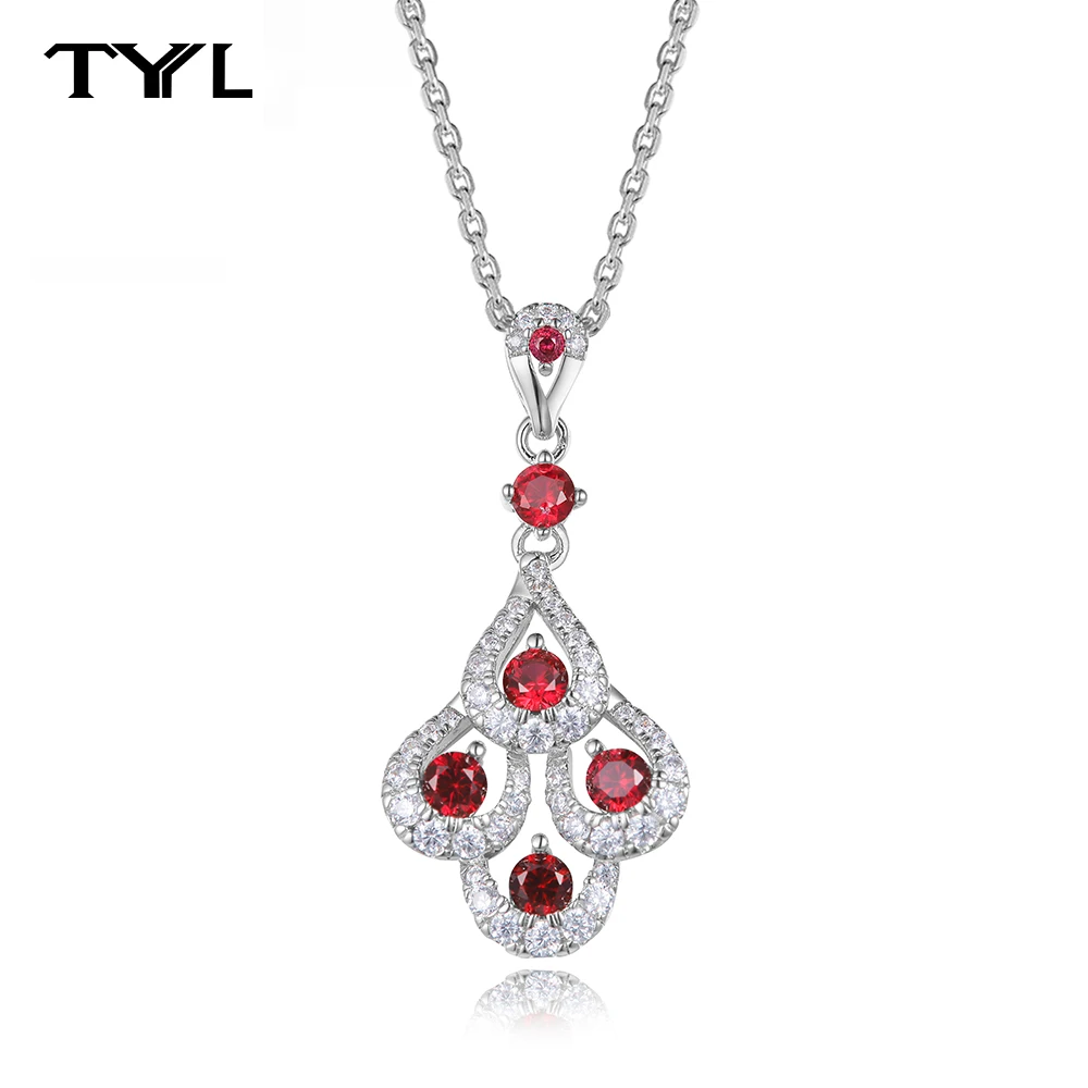 TYYL Luxury Synthetic Ruby Teardrop Stacked Pendant Silver Chain Necklace 4 Water Drop Pendants for Women Birthday Party Jewelry