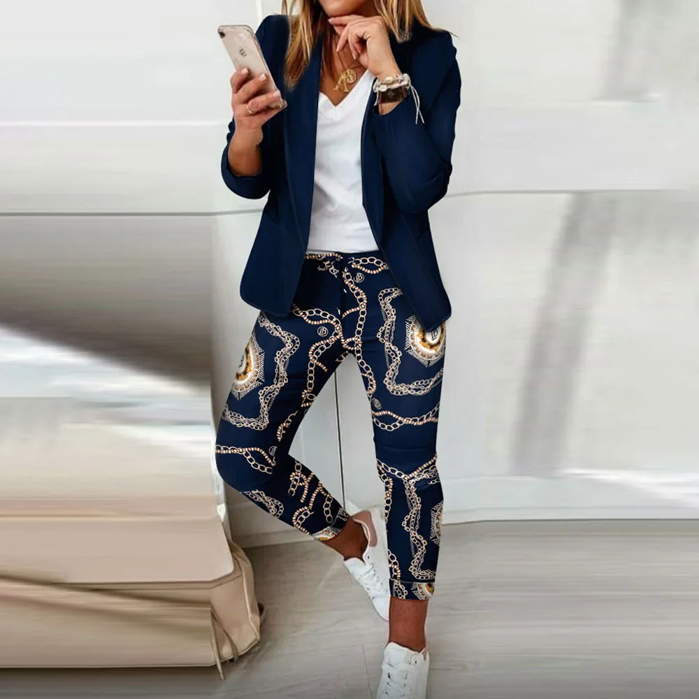 Two Piece Sets Women Pant Set Print Full Sleeve Blazers Coats Open Stitch Slim Fit Solid Long Pants Splice Office Ladies