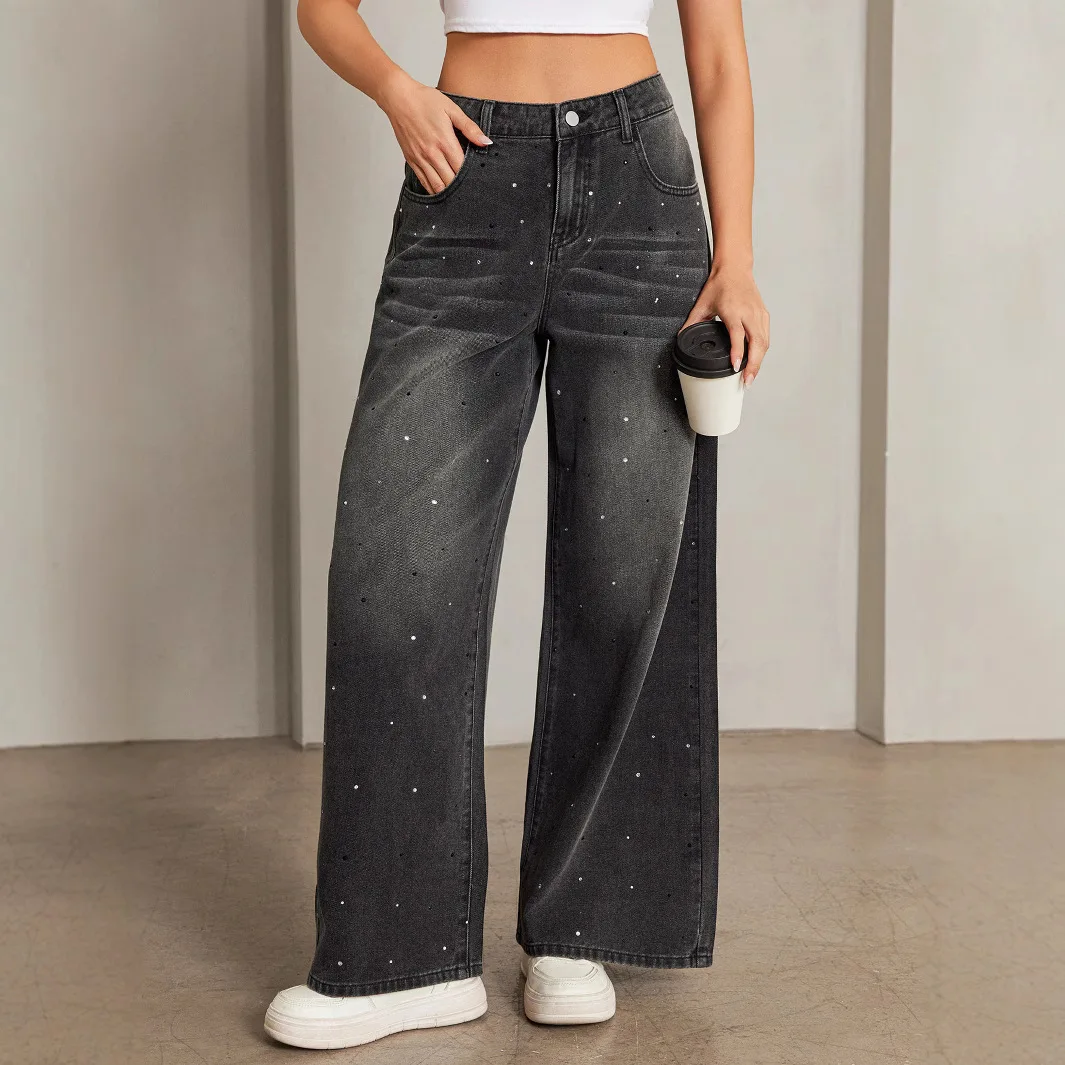 

Loose Women's Casual Straight Pants Blingbling Fashion Rhinestone Jeans Pants High Waist