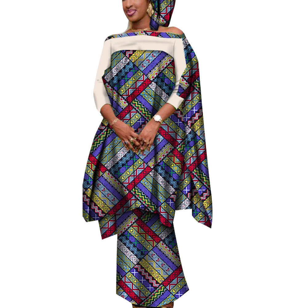 

3 Pieces Set African Outfits for Women Casual Blouse and Skirts with Headscarf Lady African Clothes for Women Bazin Riche WY7946