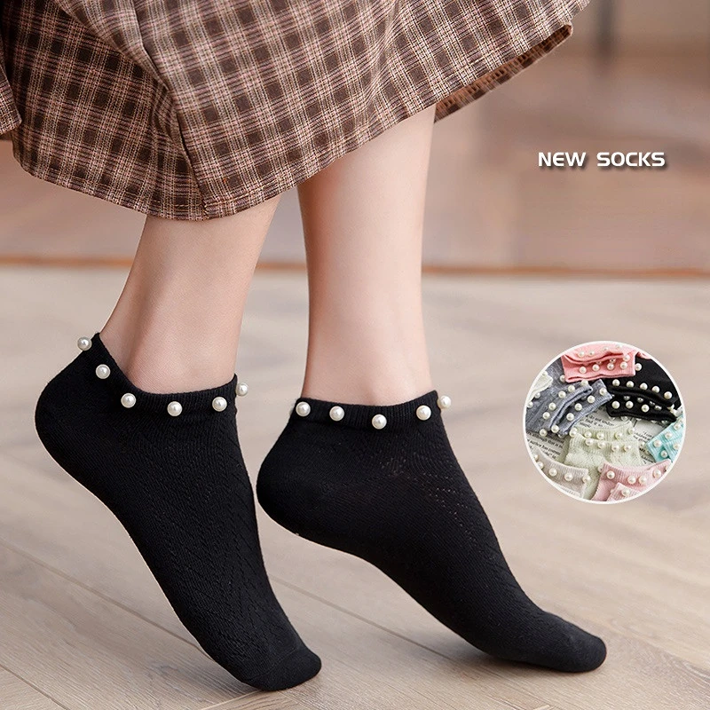1 pairs Summer new pearl women's boat socks Japanese small fresh girly women's socks shallow lace short tube women's socks