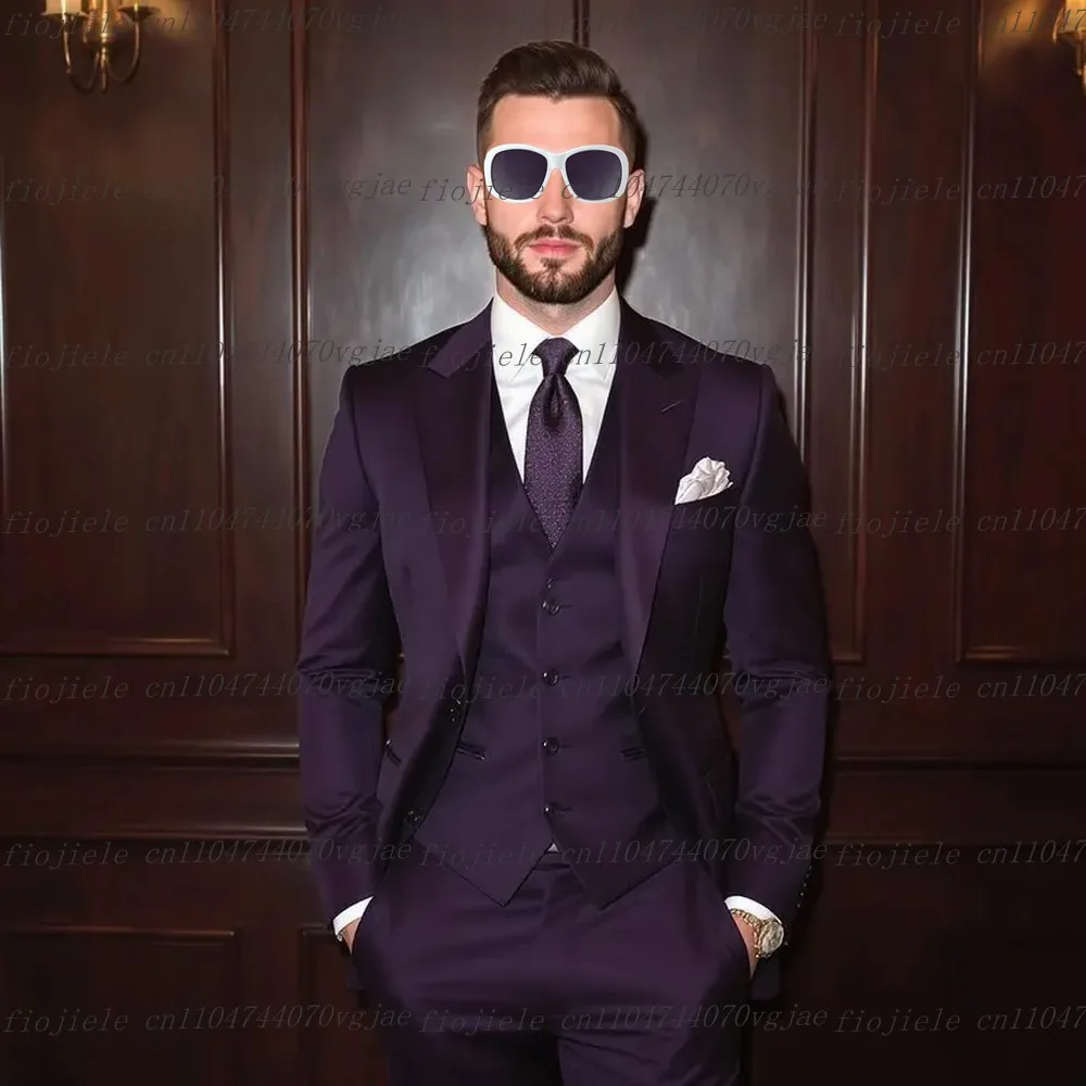 

Темно-фиолетовый мужской костюм для торжественных случаев, свадебная вечеринка, жених, жених, деловые мужские смокинги, комплект из трех предметов, куртка, жилет, брюки