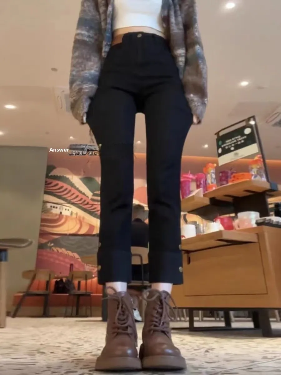 

High Waist Fce Lined Thiened Elastic Denim Jeans Women's Autumn Winter plus Size Slimming Nine Point Straight Tube Pants