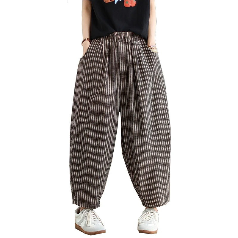 Pantaloni casual larghi da donna a vita alta a nove punti effetto dimagrante pantaloni Harem in misto cotone poliestere pantaloni lunghi larghi a righe