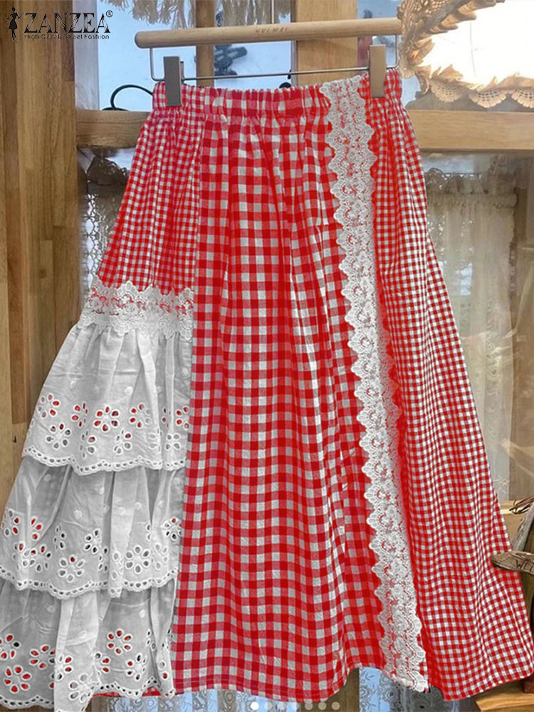ZANZEA 2024 Women Plaid Skirt Fashion Lace Stitching Multilayer Overskirt Sweety Elastic Waist Jupes Casual Holiday Long Faldas
