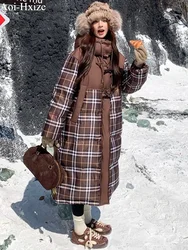 Vintage Plaid Thickened Down Jacket Winter New High Quality Long Bread Clothes Loose Big Quilt Warm White Duck Puffer Coat Women