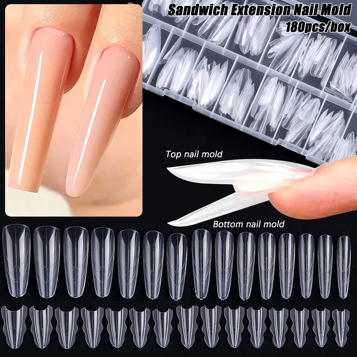 180 Uds nuevo molde de extensión de uñas sándwich capa intermedia formas de uñas duales fácil de dar forma ovalado/café mezclado 15 tamaños herramienta de extensión manicura