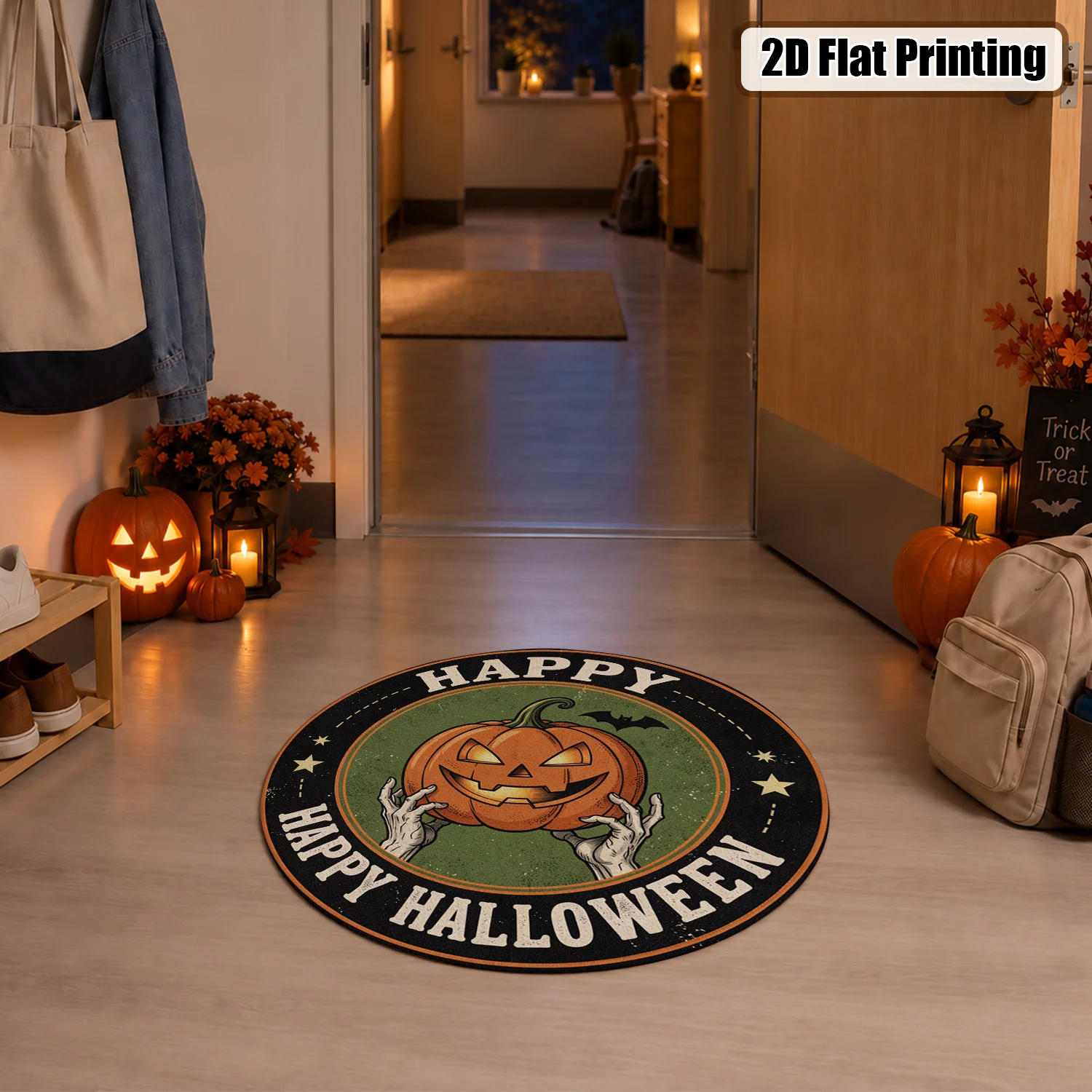 Spooky Jack-o'-lantern Skeleton Hands Design Round Velvet Doormat, Machine Washable, Ideal for Entryway Porch Living Room Kitchen Decor, Suitable for Halloween Thanksgiving Christmas New Year Black Friday Cyber Monday