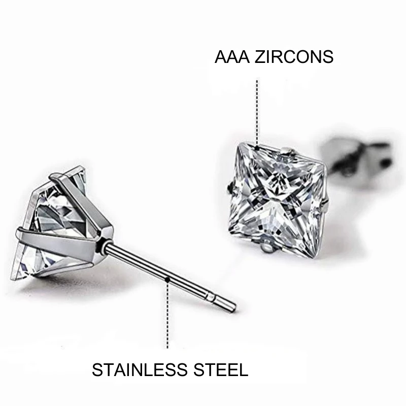 Brincos de zircão limpo quadrado de aço inoxidável para homens e mulheres, tamanho de 3mm a 8mm, 316 L