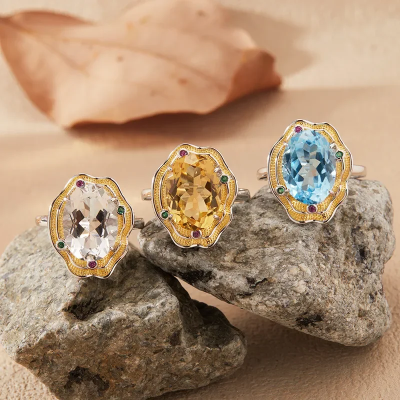 Natural topaz citrine amethyst ring s925 sterling silver colored jewelry Xiaohongshu Douyin popular wholesale