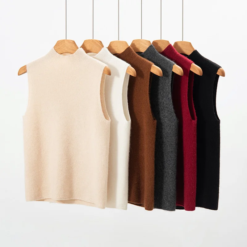

Autumn Winter New 100% Pure Cashmere Vest High Neck Sleeveless Top Women Knitted Base Layer Loose Casual Versatile