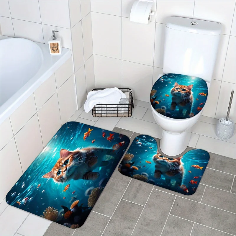 1/3/4pcs Blue Underwater Swimming Cat Fish Group Bathroom Set, Machine Washable, Shower Curtain, Non-slip Bath Mat, U-shape Mat,