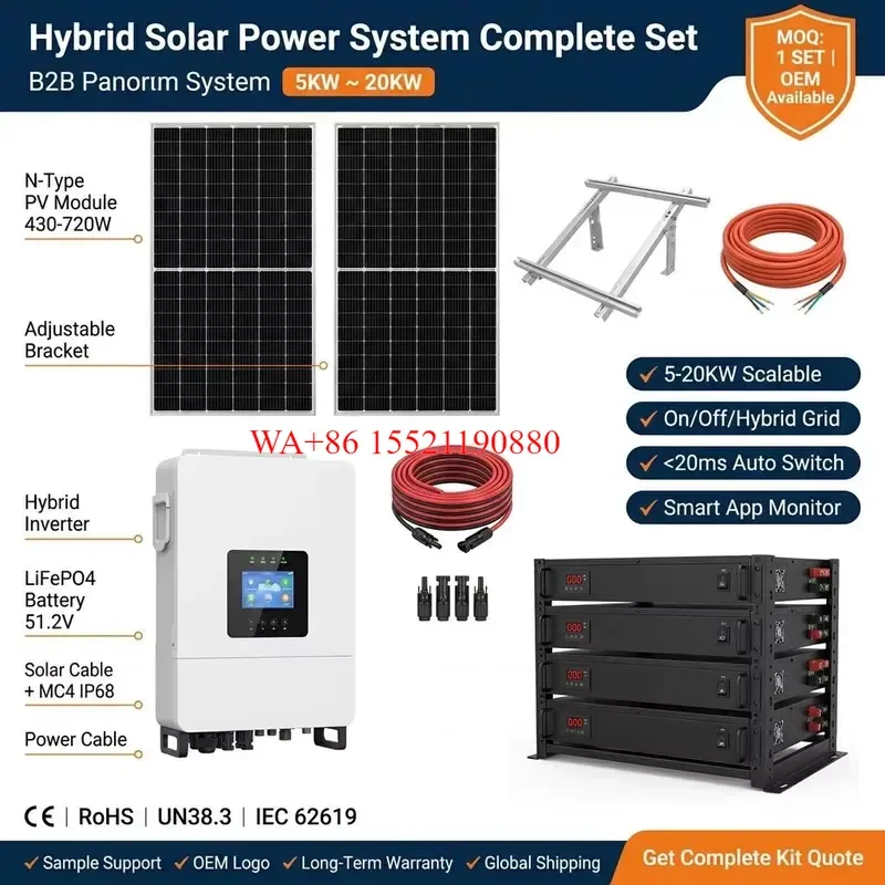 WMWMNU 5KW 10KW 15KW 20KW Hybrid Solar Power System Complete Set with Lithium Battery Boxes Racks Cell MPPT for Residential