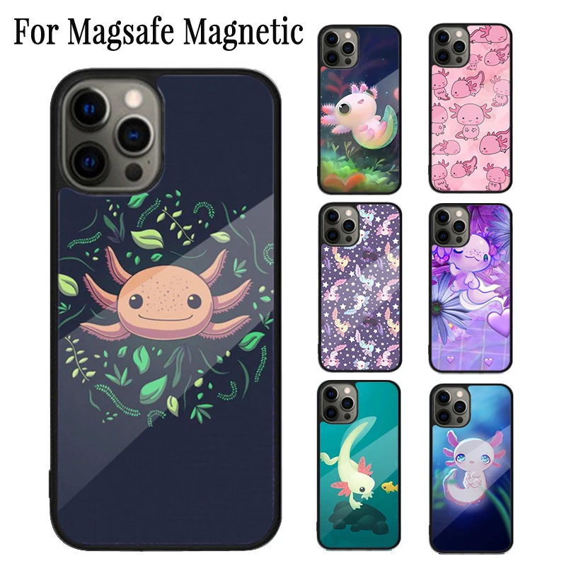 kawaii axolotl pattern Magnetic Phone Case Coque For iPhone 16 15 14 Plus 13 12 Mini 11 Pro Max Magsafe Wireless Charging Cover