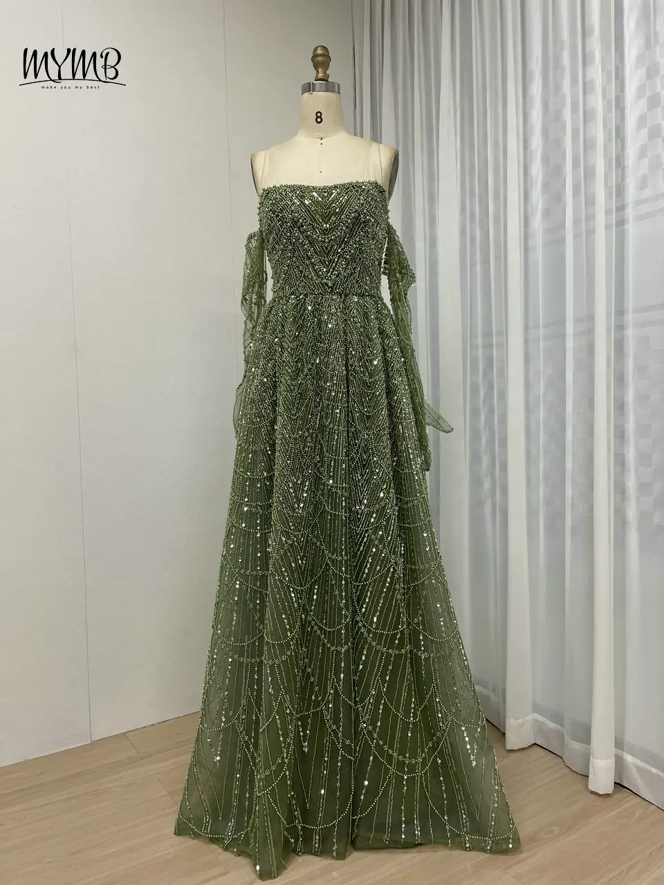 MYMB Champagne Stunning Beaded A-Line Girls Princess Prom Party Gowns Arabic Strapless Lace Up Back Evening Dresses with Gloves
