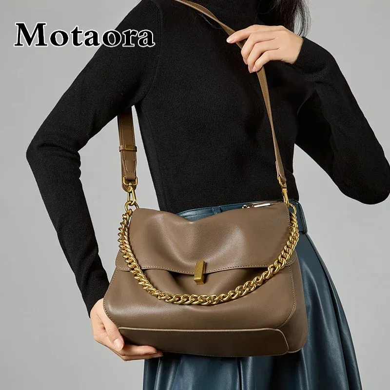 

MOTAORA Genuine Leather Women Crossbody Bag Korean Fashion Flap Shoulder Bag with Chain Solid Color Handbag for Women