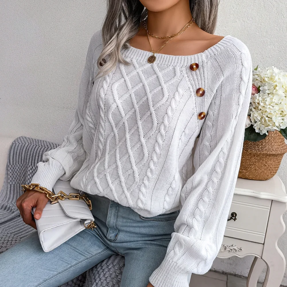 Women's Sweater Square Neck Long Sleeve Loose Autumn Button Decoration Casual Pullover Sweater Tops Women's Clothing
