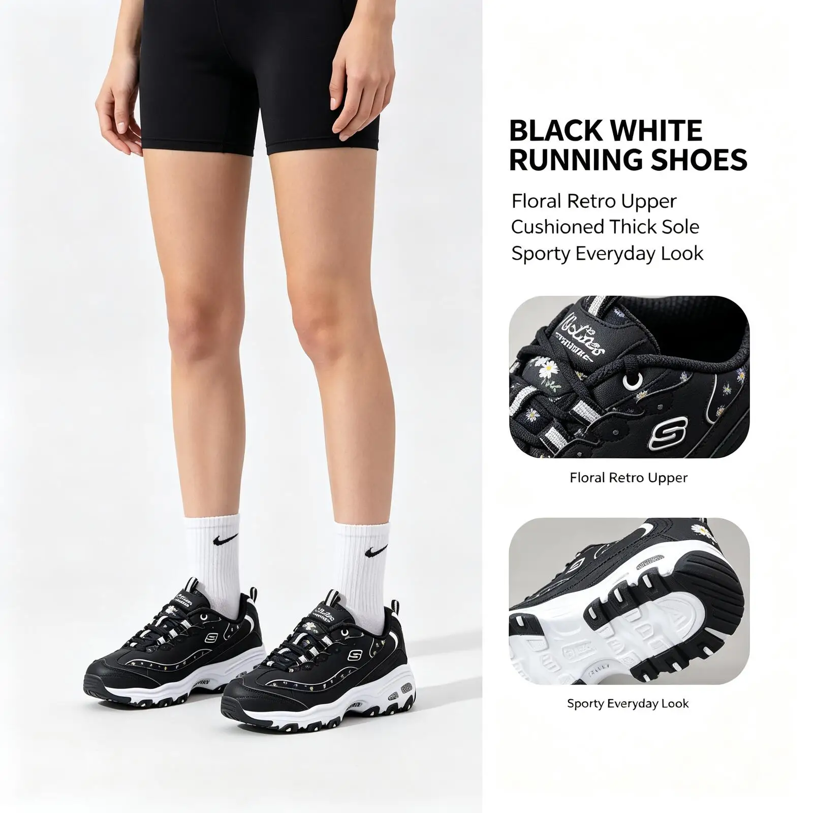 Skechers  Black White Floral Retro Running Shoes Thick Cushioned Sole Lightweight Breathable Sport Sneakers for  Jogging Wear