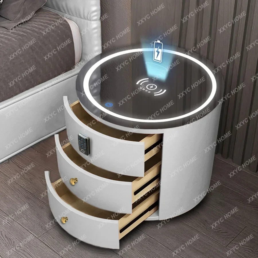 Round Bedside Table Nightstands Intelligent Password Fingerprint Wireless Charging Wood Chevet De Lit Meuble Home Furniture