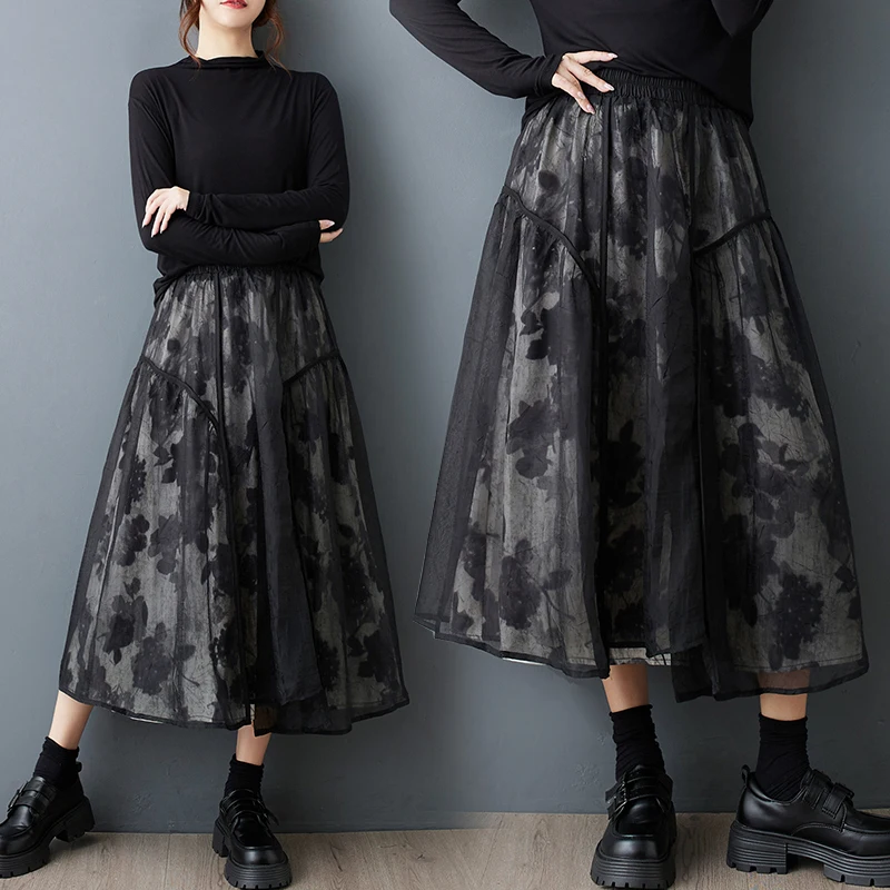 

High Waist Printed adient A-Line Skirt Large Size Women's Faion Long f-length Me Paneling Slimming Gown Polyester Fiber