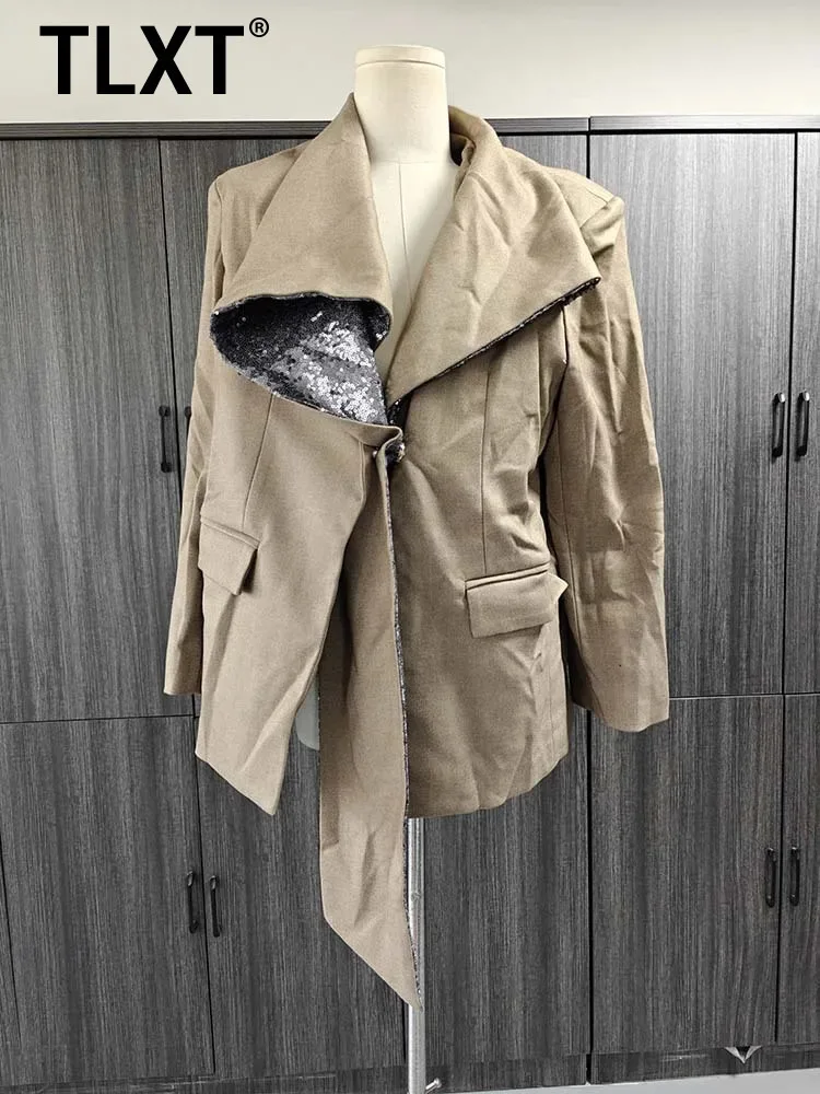 

TLXT Элегантный женский пиджак с воротником с пайетками и асимметричным пиджаком с длинными рукавами, офисная одежда, верхняя одежда XK919