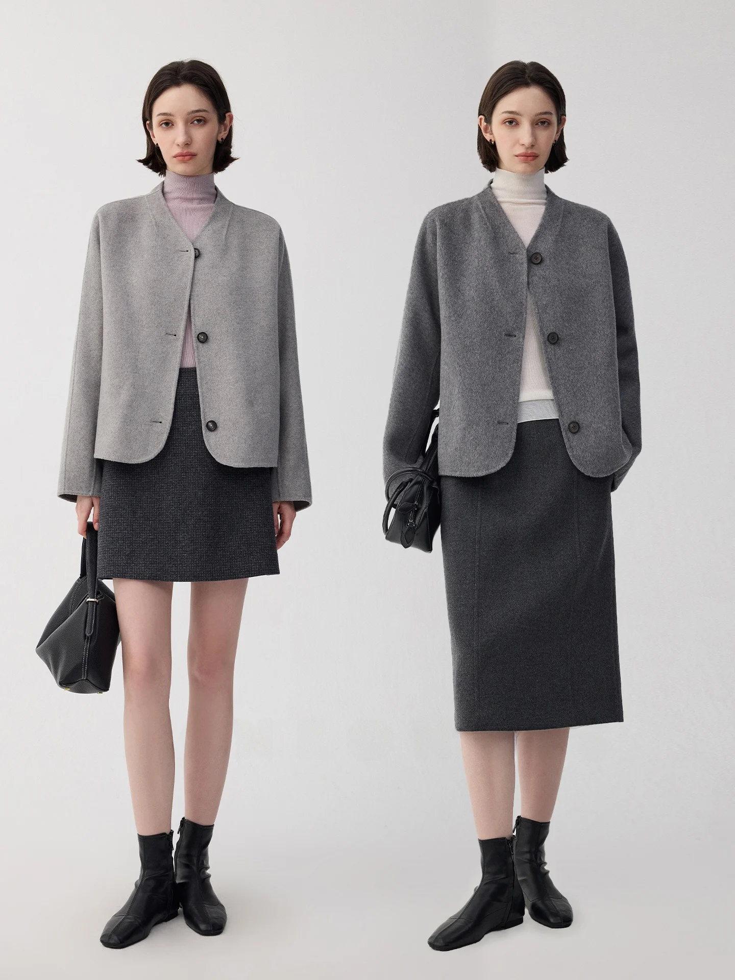 

JANEON Wool Blend Faionable ort Double-Faced Tweed V-Ne Loose Women's Coat Youth Straight-Line Sle Long Sve