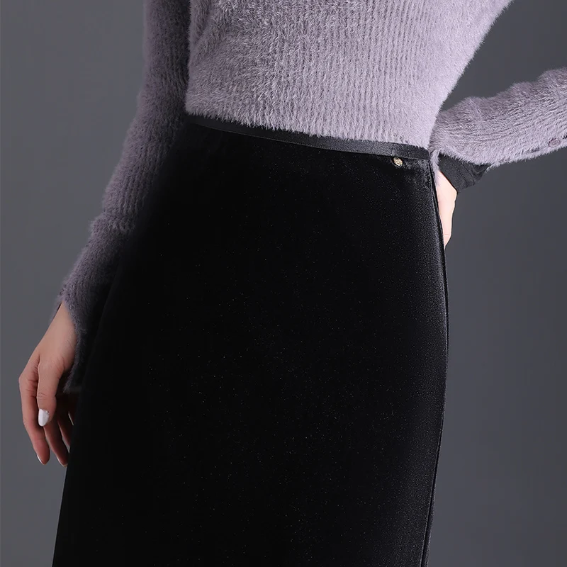 ZUZK Golden Velvet Wrapped Hip Skirt 2024 Autumn Winter New Style Temperament One Step Skirt Show Thin Casual Long Skirt