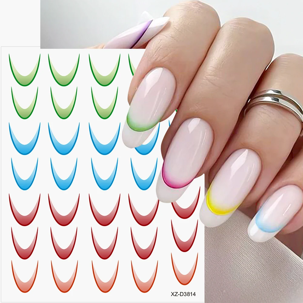 18Pcs 3D French Line Nail Art Stickers Colorful Stripes Crescent Curved Lines Nail Decals Gradient French Tip Nail Sliders Set