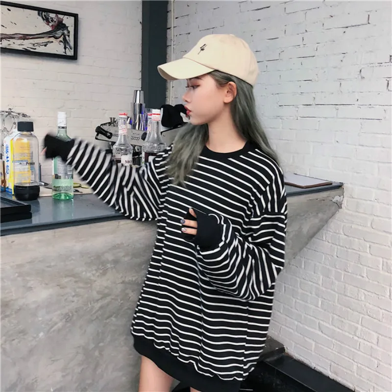 Sweatshirts Women All-match Striped Black Spring Autumn Korean Style Casual Hip Hop New Harajuku Ins Trendy Streetwear Vintage