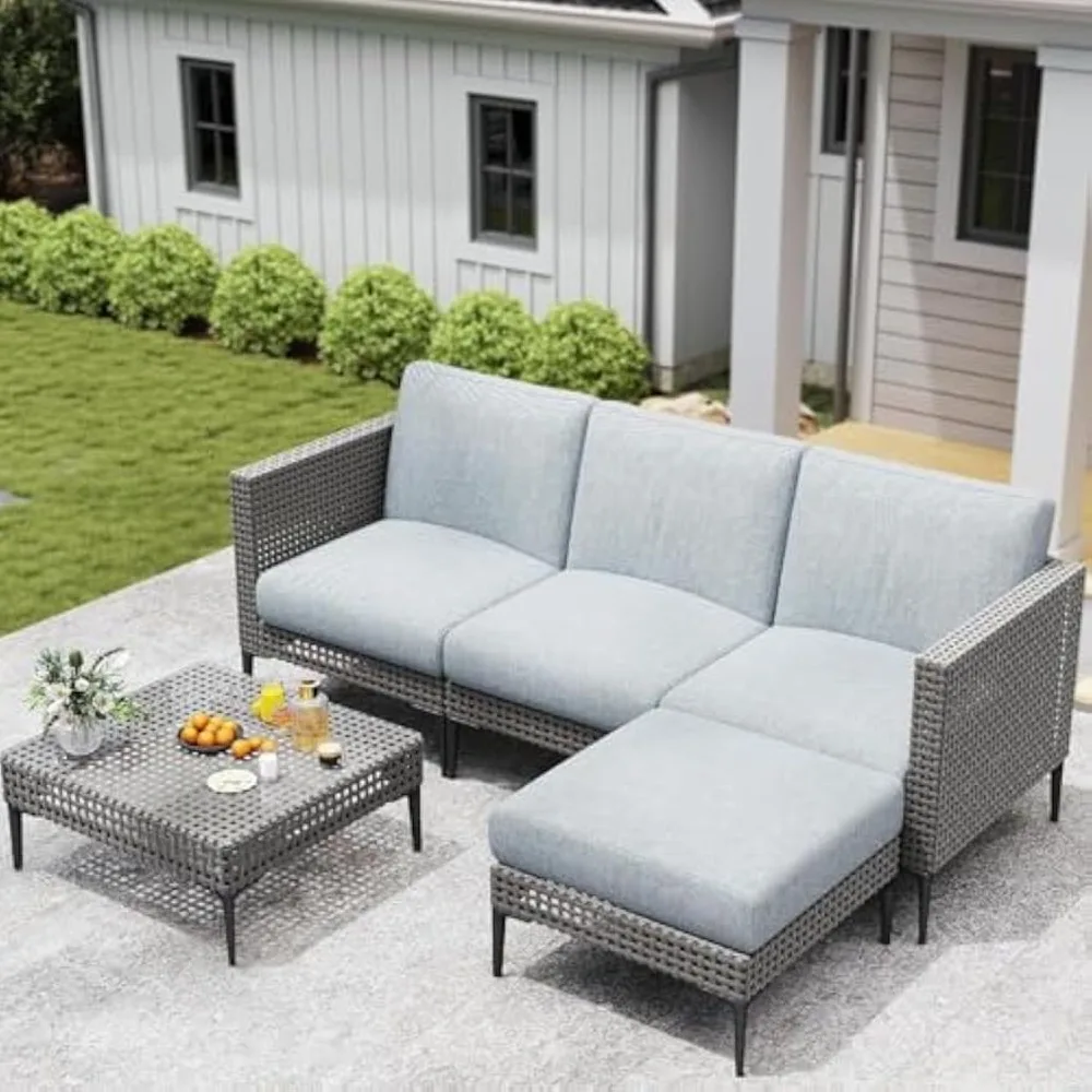 

4 Seats Outdoor Patio Corner Sofa Set –Weatherproof Sofas– Includes Glass Table, Armless Chairs, and Three-Seater Sofa Footstool