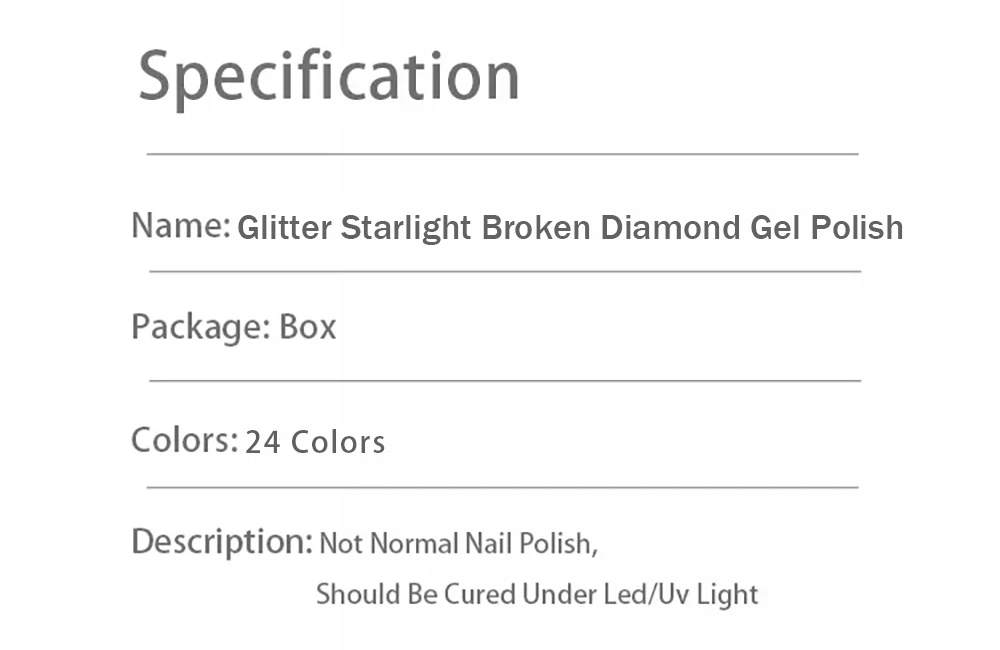 Vendeeni 24 Farben Glitzer-Broken-Diamond-Gel-Nagellack, reflektierender Nagelkunst-Gel-Lack, UV-LED-Soak-Off-Gel-Lack 15ml – Detail 12