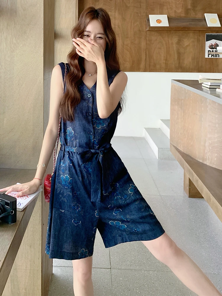 Mono vaquero azul V-Ne Svel para mujer, Faion de verano, holgado, de pierna ancha, con bordado Retro Sle hine