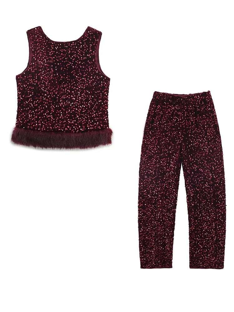Vrouwen Pailletten Set 2025, Vrouwen Nieuwe Mode Mouwloze Backless Korte Top + Leisure Broek Tweedelige Set Vrouwen Elegant pak