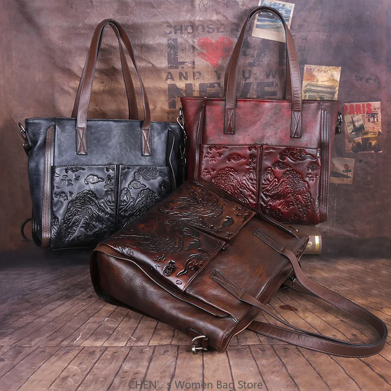 

Vintage Genuine Leather Handbag for Women Handmade Embossed Tote Bag Casual Shoulder Bag Purse 2025 Trendy Designer