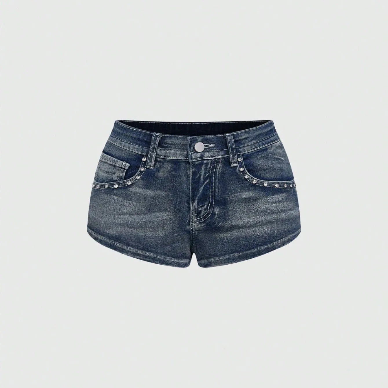 Summer Rhinestone Embroidered Denim Shorts American Casual Fashion Retro Blue High Street Women's High Waist Rivet Hot Jeans