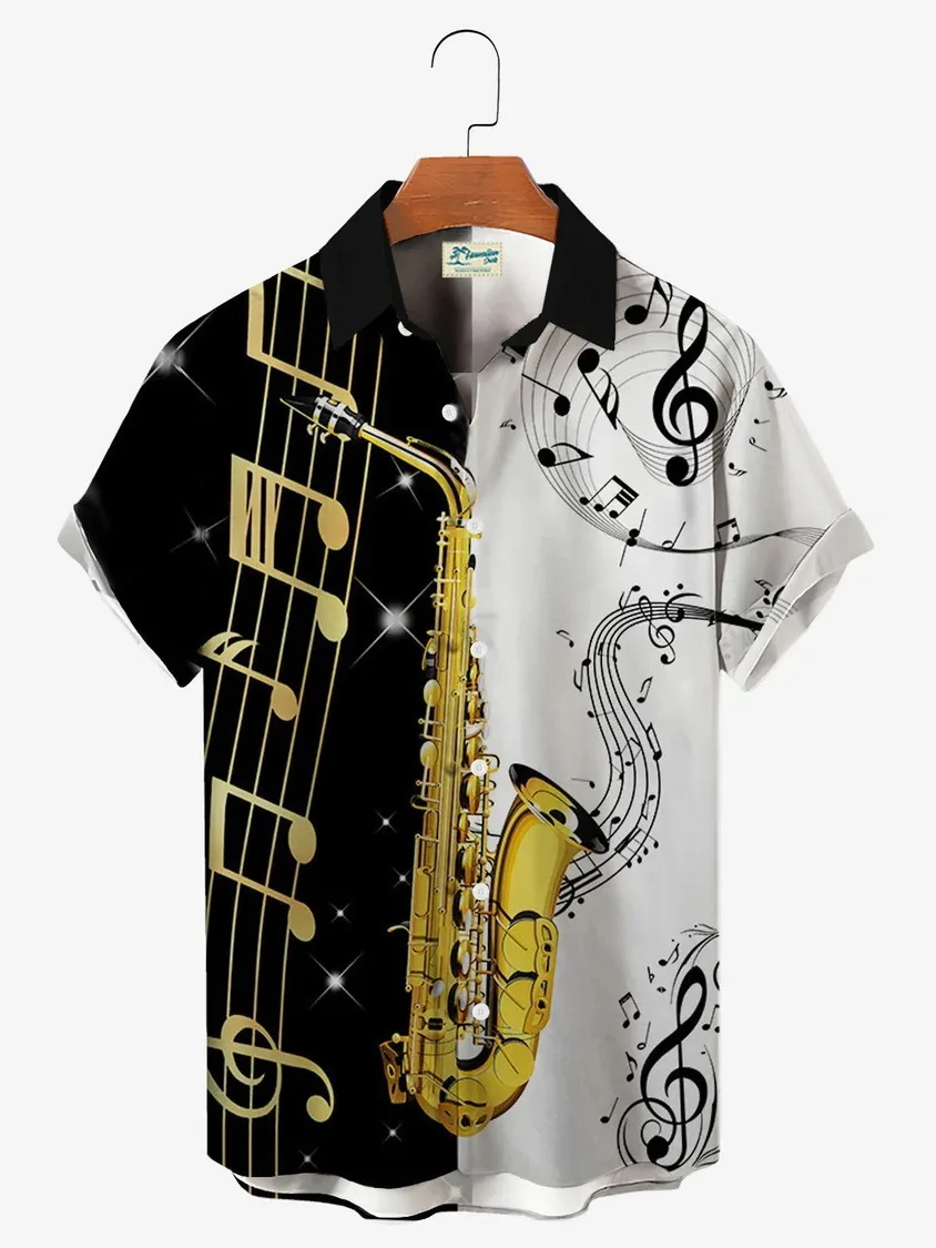 

Summer Men's Black and White Color Block Saxophone Note 3D Print Outdoor Loose Casual Shirt Suitable for Beach Vacations