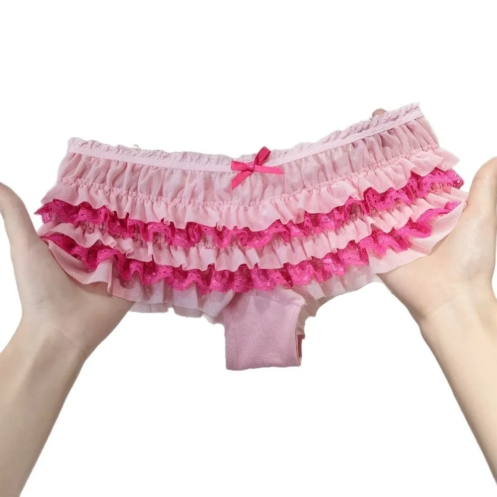 Romantic Ruffle Lace Panties Layered Cake Design Low Waist Women's Underwear Bow Mesh Sweet Lace Briefs Daily Wear