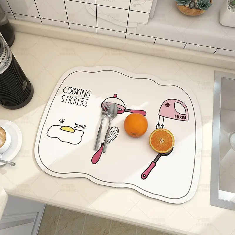 VIKAMA Kitchen Utensil Print Dish Drying Mat Quick Absorbent Non Slip Waterproof Coffee Counter Sink Draining Pad