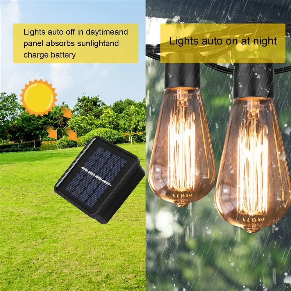 Lâmpada impermeável Edison, Lâmpada de decoração do jardim, Solar, 20 luzes LED String, 8 modos, ao ar livre, Ip43, 5m