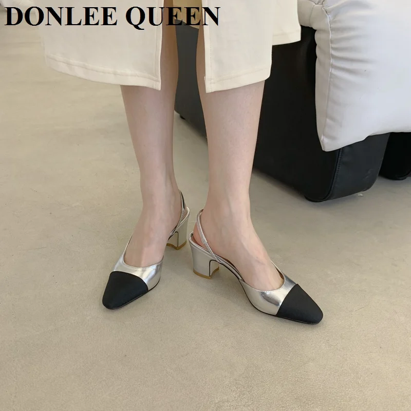 Classic Elegant Mixed Color Slingback Sandals Women Elastic Band Back Strap Heel Pumps Brand Design Shoes Mule Dress Party Mujer