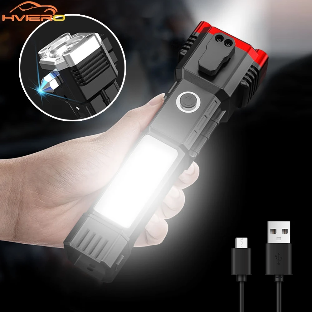

Сильный свет фонарик COB Многофункциональная уличная рабочая лампа USB перезаряжаемый аварийный оконный молоток для побега