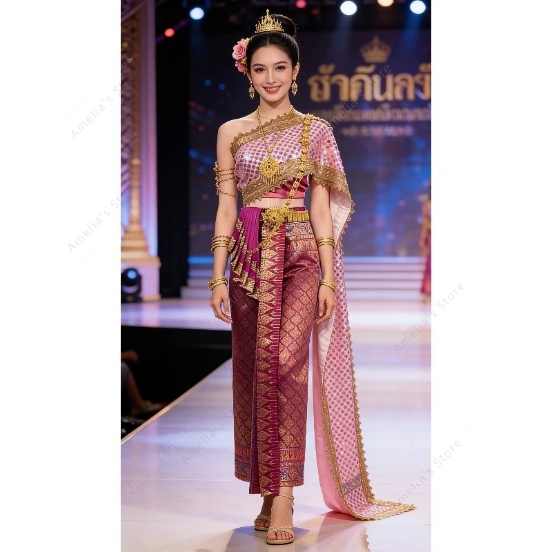 

Изысканное тайское традиционное платье с розовыми пайетками, элегантное вечернее платье для женщин, для ежегодных встреч, банкетов и показов мод