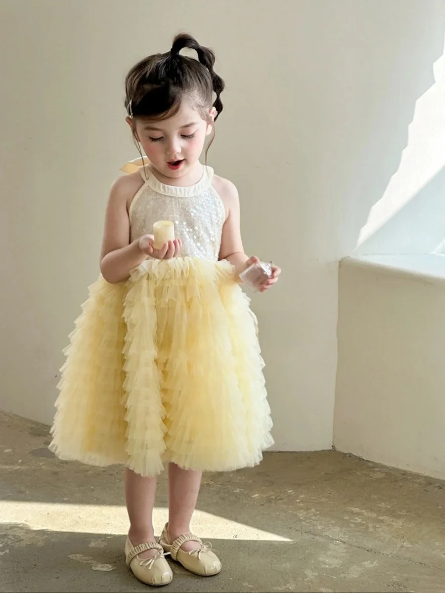 girls-yellow-sequin-princess-dress-children's-summer-fashionable-cake-skirt-baby-beautiful-casual-style-skin-friendly-breathable