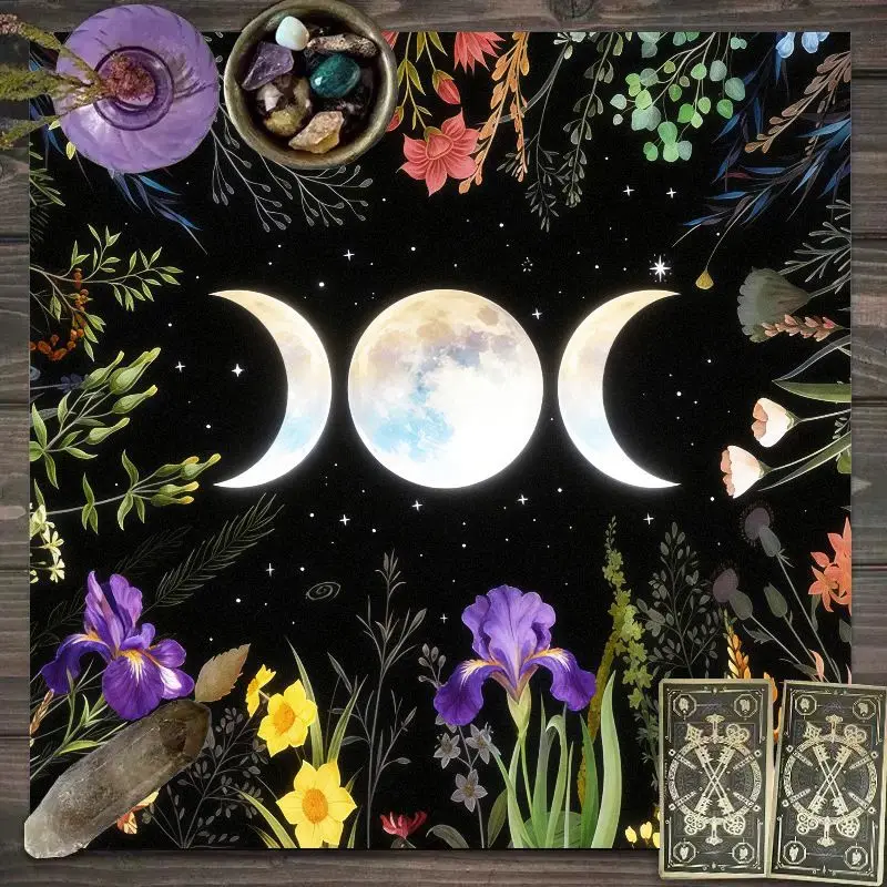 VIKAMA Floral Triple Moon Tarot Table Cloth Botanical Wicca Altar Cloth Black Starry Moon Phase Divination Ritual Table Mat