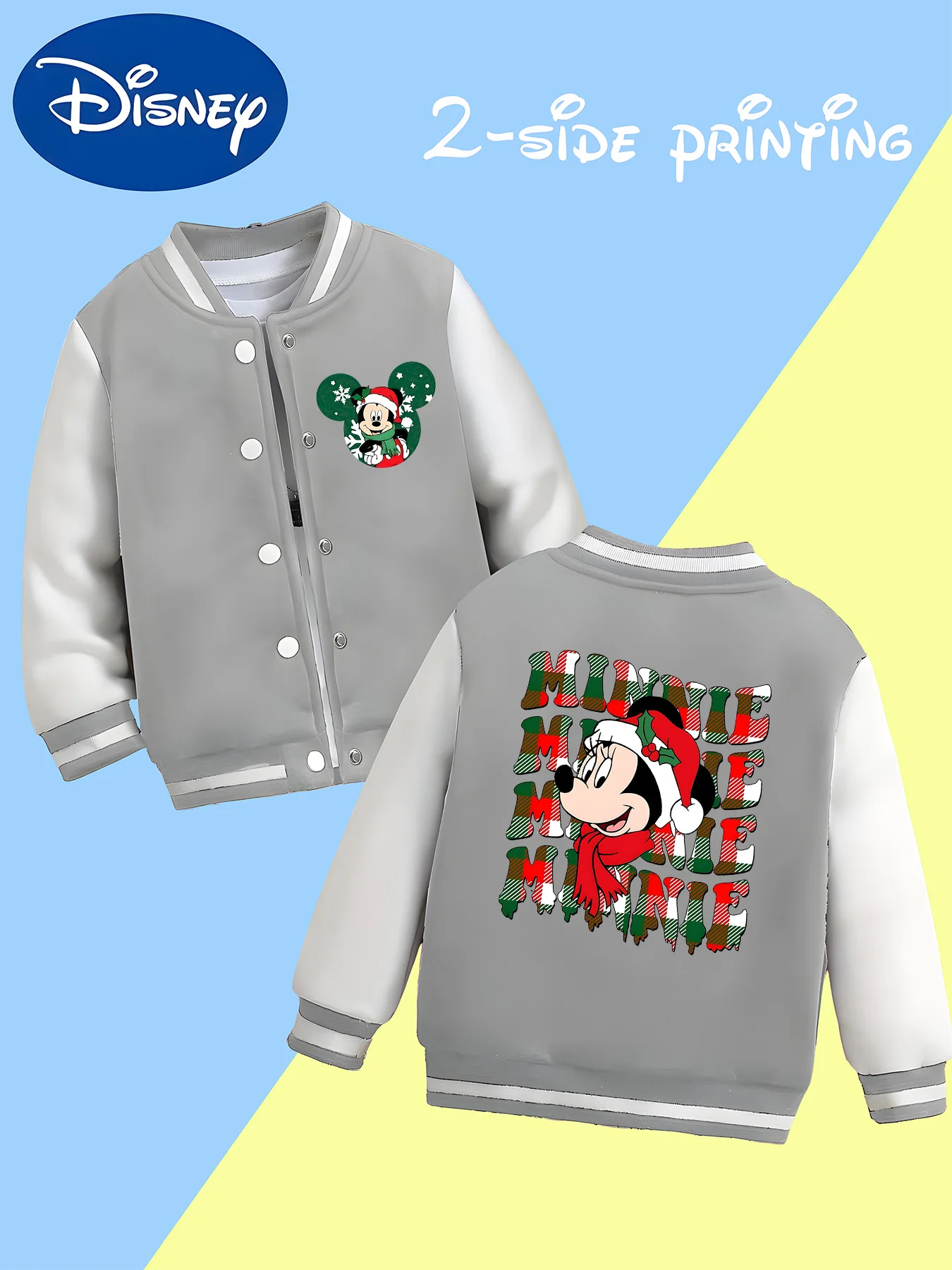 MINISO Disney Boys' Baseball Jacket - Minnie Mouse Christmas Plaid Print, festive school look, versatile outerwear for toddlers