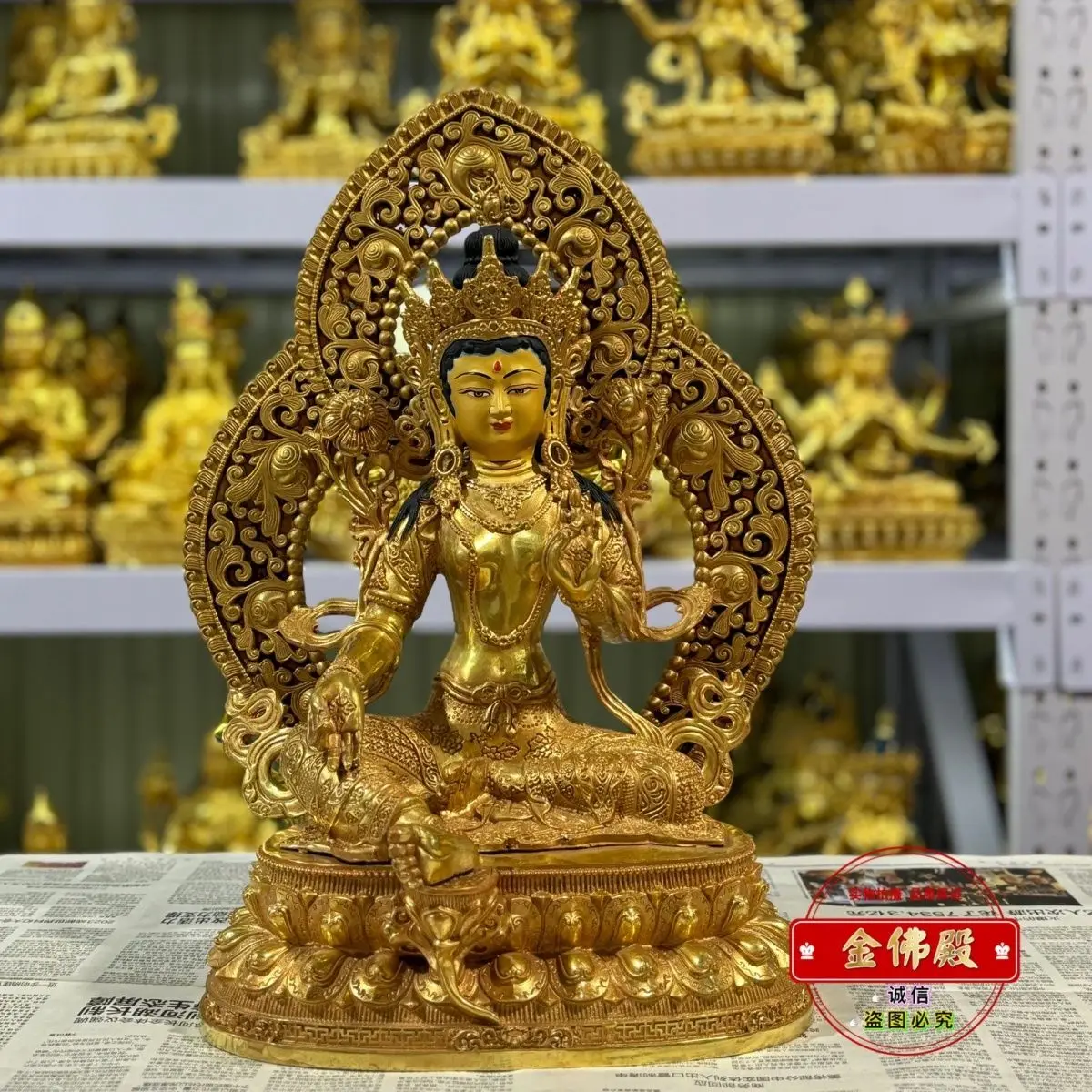 Green Tara pure copper gilt Buddha statue 15 inches Tibetan with backlight Domestic bronze statue one foot five high about 50cm